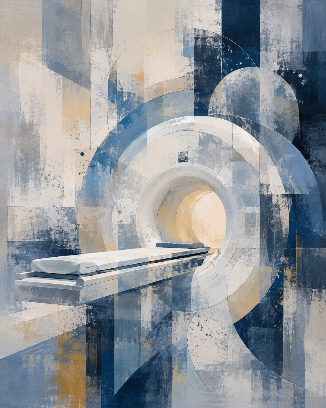 An MRI scanner rendered in an abstract blue, cream, and gold composition